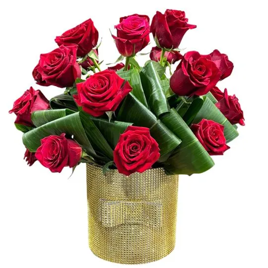 caja pote strass gold con rosas importadas